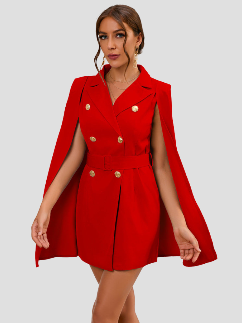 Amarielle™ | Damer Cape Blazer Kjole med Guldknapper | Chic, Elegant Cocktailkjole med Taljebælte