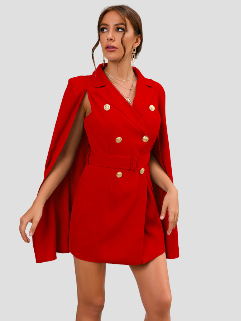 Amarielle™ | Damer Cape Blazer Kjole med Guldknapper | Chic, Elegant Cocktailkjole med Taljebælte
