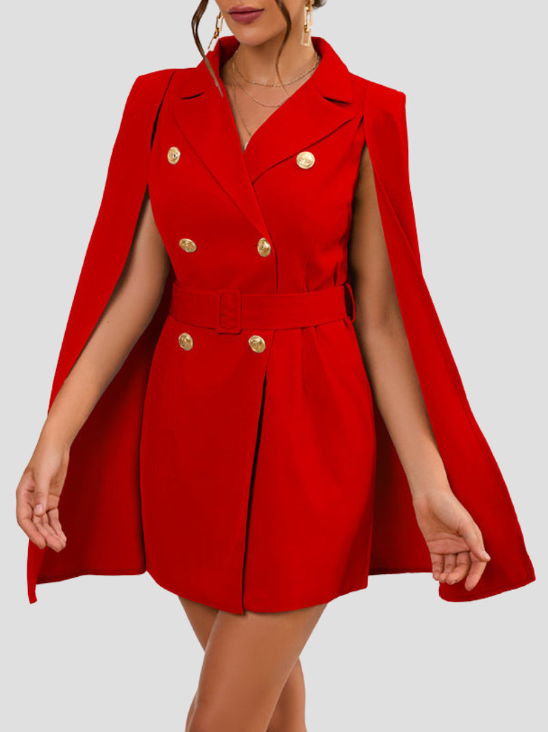 Amarielle™ | Damer Cape Blazer Kjole med Guldknapper | Chic, Elegant Cocktailkjole med Taljebælte