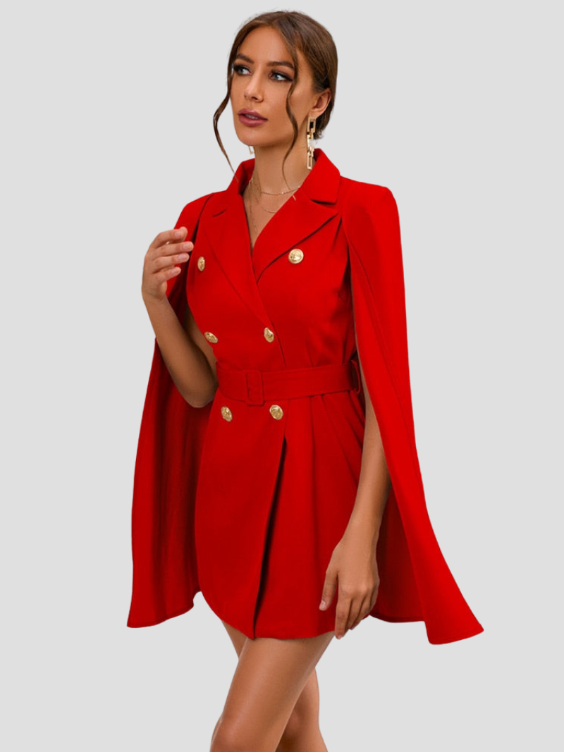 Amarielle™ | Damer Cape Blazer Kjole med Guldknapper | Chic, Elegant Cocktailkjole med Taljebælte