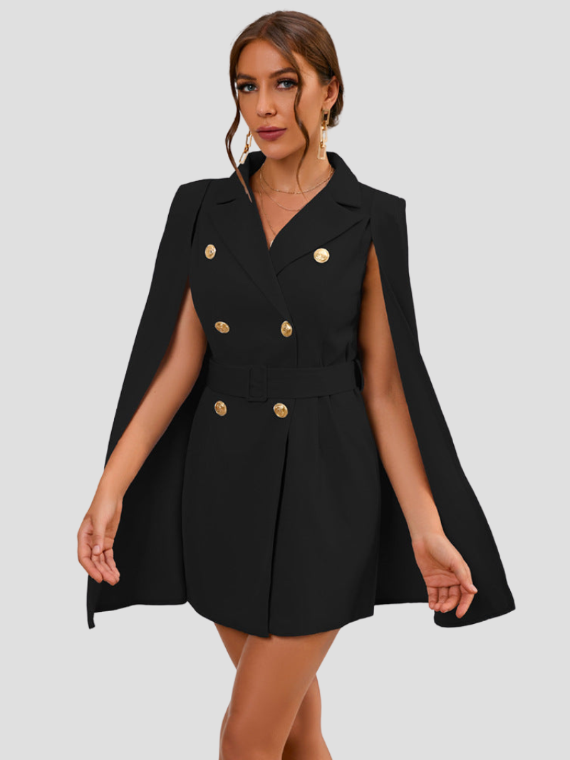 Amarielle™ | Damer Cape Blazer Kjole med Guldknapper | Chic, Elegant Cocktailkjole med Taljebælte