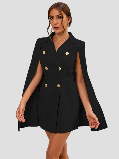 Amarielle™ | Damer Cape Blazer Kjole med Guldknapper | Chic, Elegant Cocktailkjole med Taljebælte