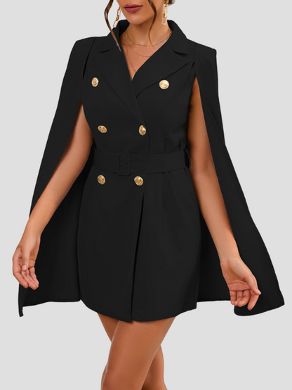 Amarielle™ | Damer Cape Blazer Kjole med Guldknapper | Chic, Elegant Cocktailkjole med Taljebælte