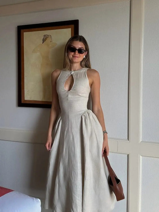 Liora | Hør Maxi Kjole Dame | Luftig Sommerkjole | Ærmeløs | Keyhole Hals | A-Linje | Elegant & Minimalistisk