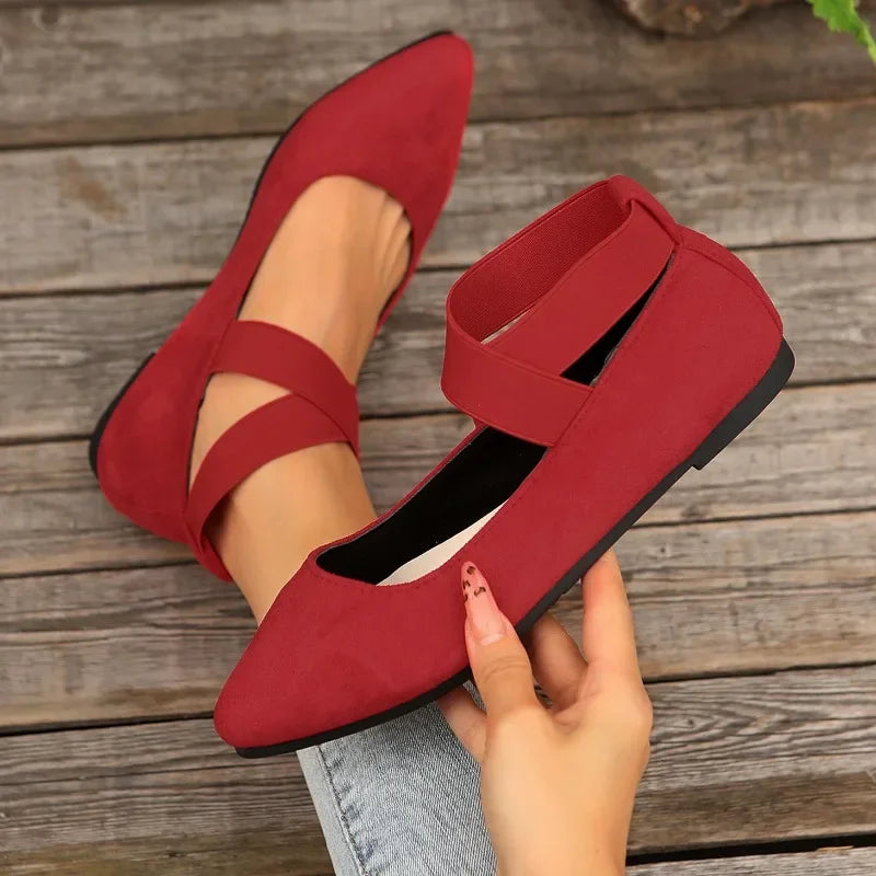 Lunelle™ | Damer Slip-On Sko med Krydsbånd | Komfortable Flats i Ruskind-Look med Spids Tå og Elastisk Ballerina-Stil
