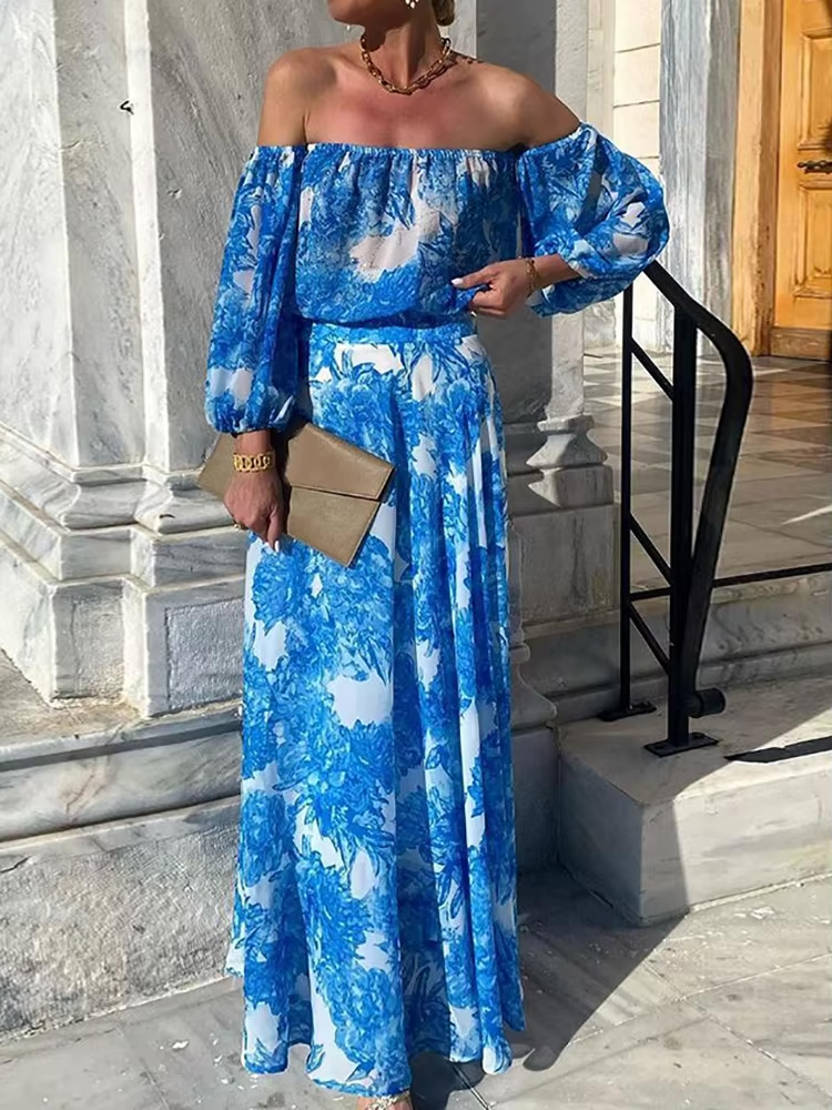 Esmeralda™ | Damer Off-Shoulder Maxi Kjole | Let Blomsterprint & Elegant Boho Stil