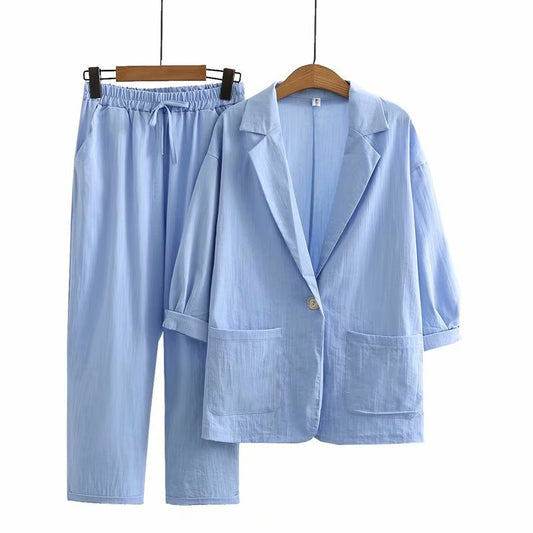 Calista™ | Damer Linned Sommerdragt | Todelt Casual Sæt med Afslappet Blazer og Elastiske Lige Bukser