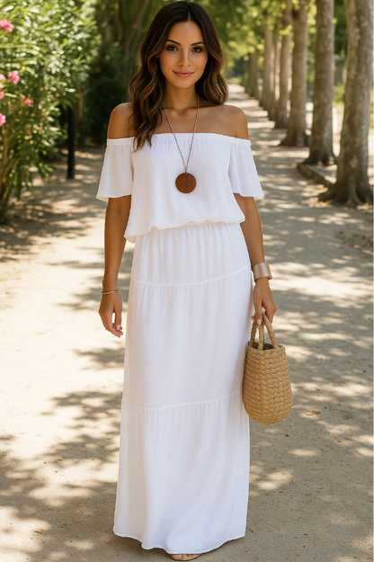 Amarisa™ | Off-Shoulder Maxi Kjole Damer | Luftig Sommerkjole med Lige Skørt og Løstsiddende Overdel til Strand eller Middag