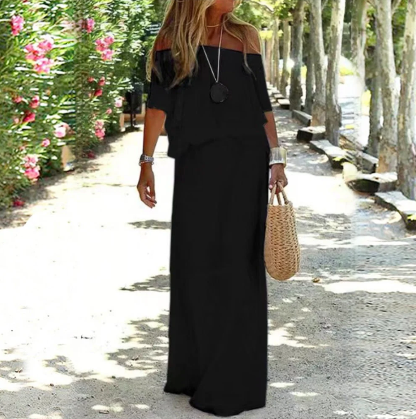 Amarisa™ | Off-Shoulder Maxi Kjole Damer | Luftig Sommerkjole med Lige Skørt og Løstsiddende Overdel til Strand eller Middag