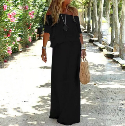 Amarisa™ | Off-Shoulder Maxi Kjole Damer | Luftig Sommerkjole med Lige Skørt og Løstsiddende Overdel til Strand eller Middag