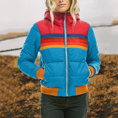 Liora™ | Retro Dunjakke Til Damer Med Fleecefor Og Regnbuestriber | Varm Vatteret Jakke Med Sporty 70’er Look