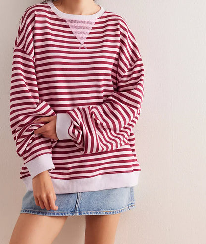 Elisa™ | Damer Oversized Stribet Sweater Med Kontrasterende Kanter | Casual Streetstyle Pullover