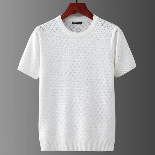 Ernesto™ | Herre Strikket Sommer T-shirt med Rudemønster og Åndbart Design | Luftig T-shirt