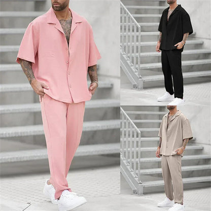 Eliano™ | Herrer Lounge Sæt 2-Dele med Skjorte med Knapper og Vide Bukser | Sommerligt Casual Sæt i Minimalistisk Stil