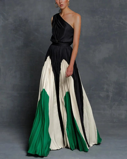 Tina™ | Damer One-Shoulder Maxi Kjole | Asymmetrisk Design med Luksuriøse Farveblokke