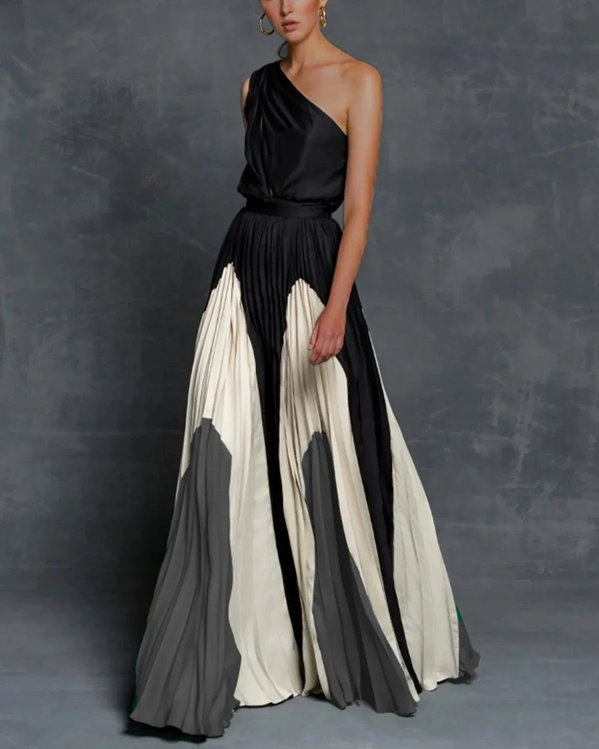 Tina™ | Damer One-Shoulder Maxi Kjole | Asymmetrisk Design med Luksuriøse Farveblokke
