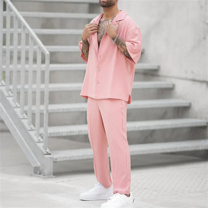 Eliano™ | Herrer Lounge Sæt 2-Dele med Skjorte med Knapper og Vide Bukser | Sommerligt Casual Sæt i Minimalistisk Stil