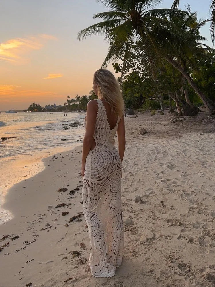 Faye™ | Damer Hæklet Maxi Kjole | Let Boho Strandkjole med Gennembrudt Design