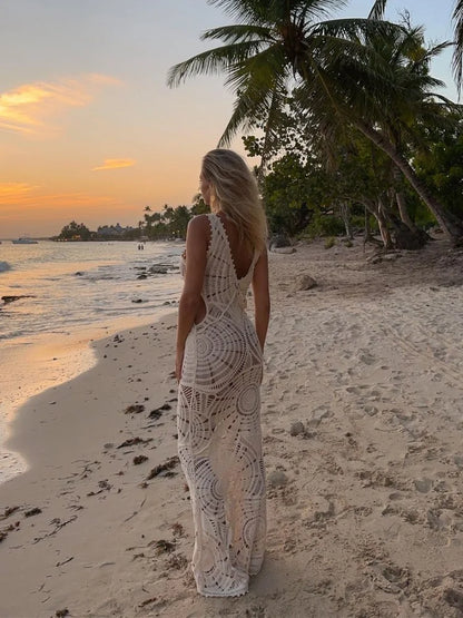 Faye™ | Damer Hæklet Maxi Kjole | Let Boho Strandkjole med Gennembrudt Design