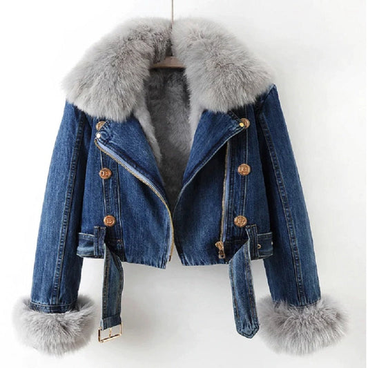 Célina™ | Damer Økologisk Denimjakke med Luksus Pelskrave Pelsmanchetter og Foret Inderside