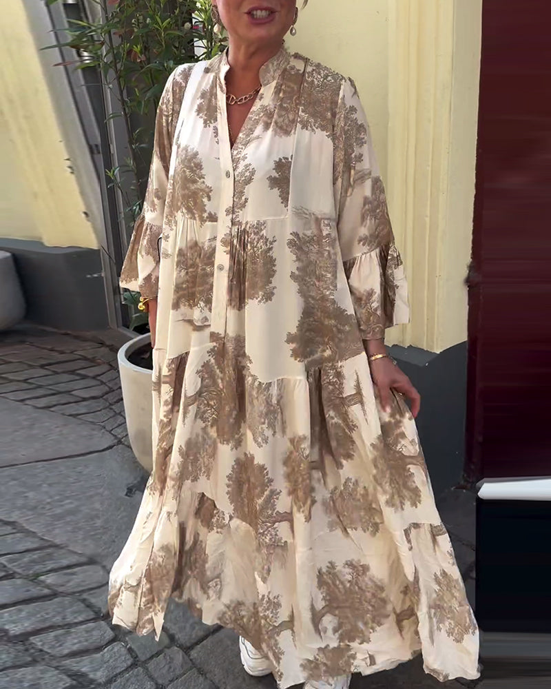 Eliana™ | Lang Kjole med V-hals, Klokkeærmer og Blomsterprint