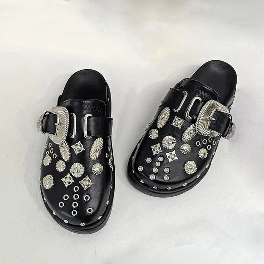 Rebelde™ | Limited Edition Sort Læder Punk Rock Nittertræsko | Stort Spænde