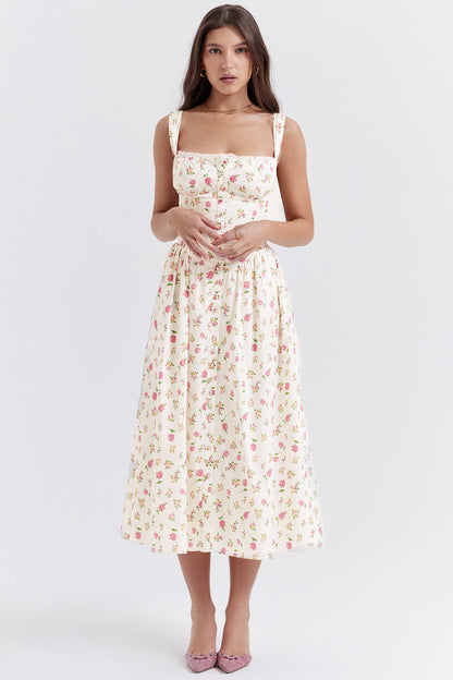 Flora™ | Vintage Midi-Kjole til Kvinder med Blomstermønster | Korsetliv & Svajende Nederdel for et Romantisk Look