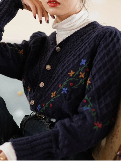Léa™ | Koreansk Stil Broderet V-Hals Cardigan med Elegant Flair