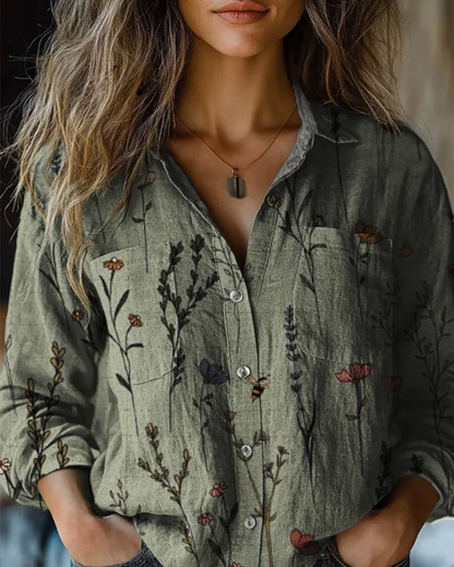 Elara™ | Damer Hørblomst Bluse med Lange Ærmer | Let Bohemian Skjortebluse med Knapper til Sommer og Casual