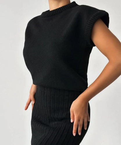 Nérina™ | Damer Ribstrikket To-Delts Sæt | Ærmeløs Top Og Midinederdel I Minimalistisk Stretchstil
