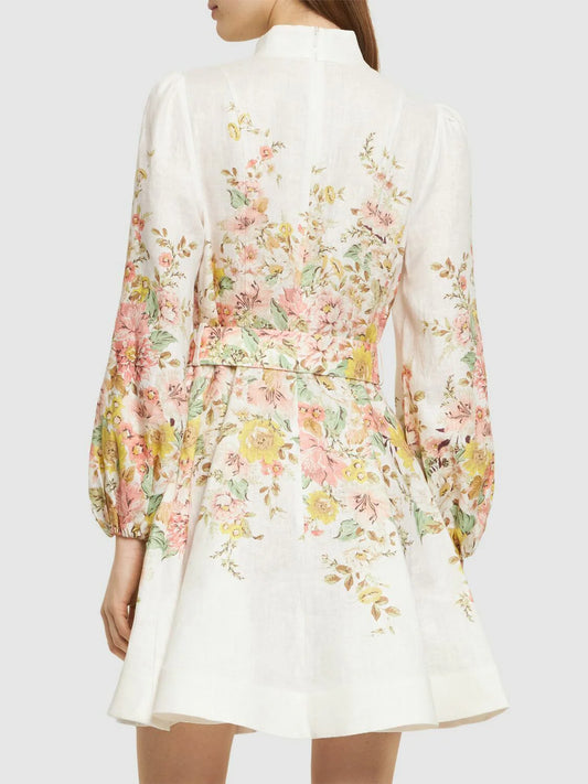 Fioretta | Blomstrede Mini Kjole i Hørmix med Bælte