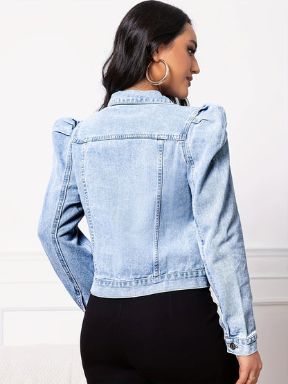 Lunara™ | Lyseblå Denimjakke Med Puffærmer Og Figursyet Feminin Pasform