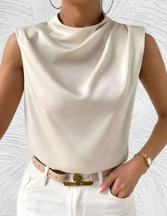 Maëlle™ | Satinærmeløs Top med Vandfaldsudskæring | Elegant Skinnende Bluse Uden Ærmer i Sort eller Off-White