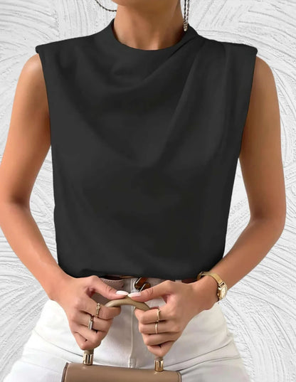 Maëlle™ | Satinærmeløs Top med Vandfaldsudskæring | Elegant Skinnende Bluse Uden Ærmer i Sort eller Off-White