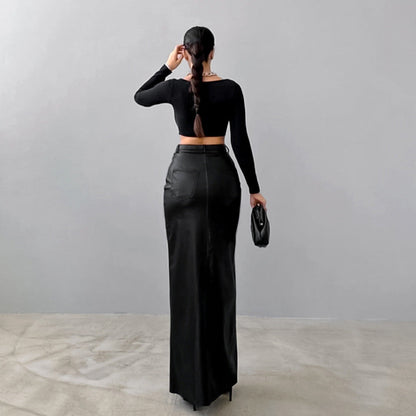Soraya™ | Damer High-Waist Læder Maxi Nederdel med Slids | Lædernederdel med Tætsiddende Pasform