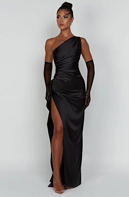 Alessia™ | Damer One-Shoulder Aftenkjole | Satin Gallakjole med Høj Slids og Åben Ryg i Asymmetrisk Design
