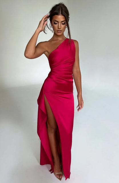 Alessia™ | Damer One-Shoulder Aftenkjole | Satin Gallakjole med Høj Slids og Åben Ryg i Asymmetrisk Design