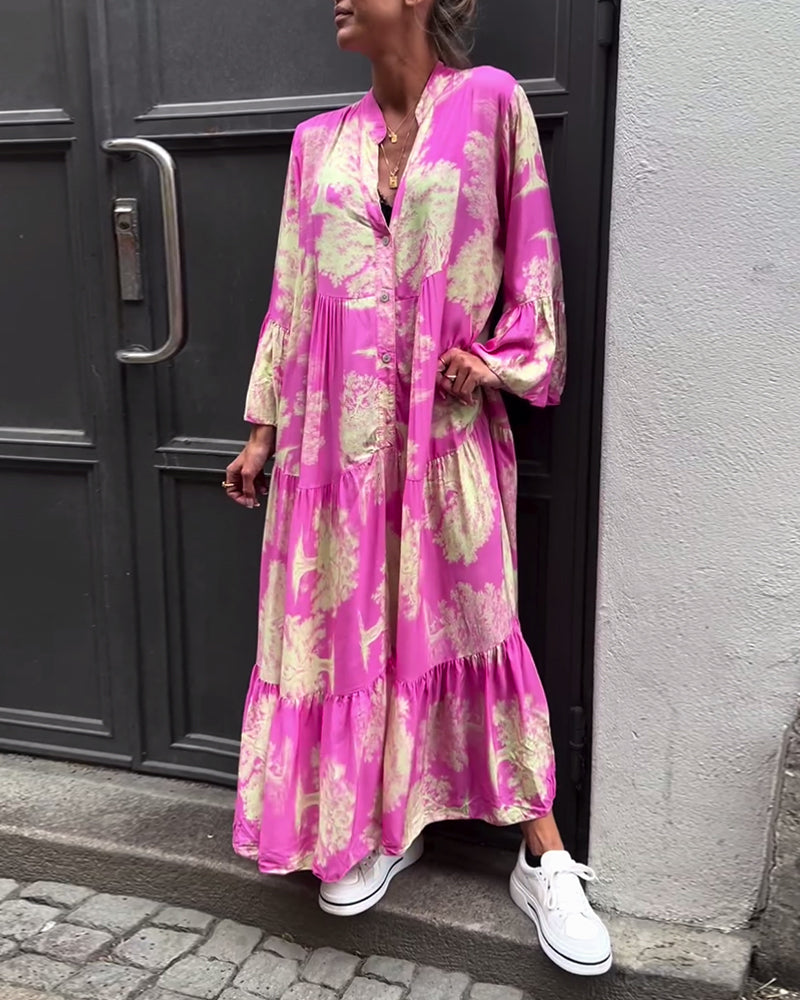 Eliana™ | Lang Kjole med V-hals, Klokkeærmer og Blomsterprint