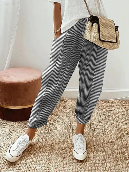 Linea | Stribede Damebukser | Let Sommerbuks | Elastisk Talje med Snøre | Løstsiddende Casual Buks