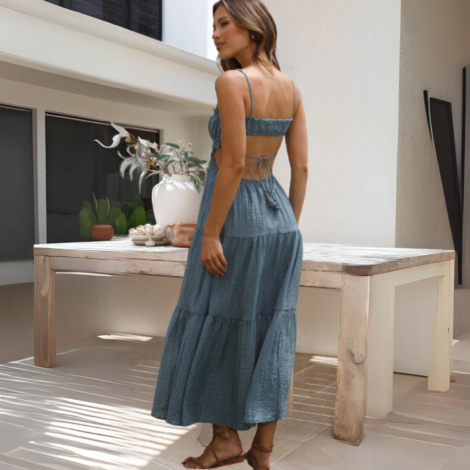 Selena™ | Damer Stropløs Maxi Sommerkjole Med Cut-Out Og Åben Ryg | Let Casual Boho Kjole Med Flæser