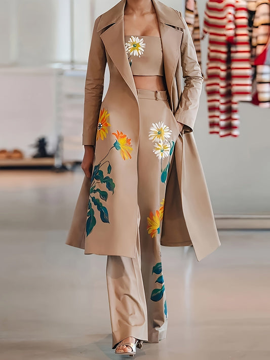 Floriviera™ | Elegant 3-Deles Damer Outfit Med Blomstermønster, Trenchcoat, Bukser Og Bandeautop