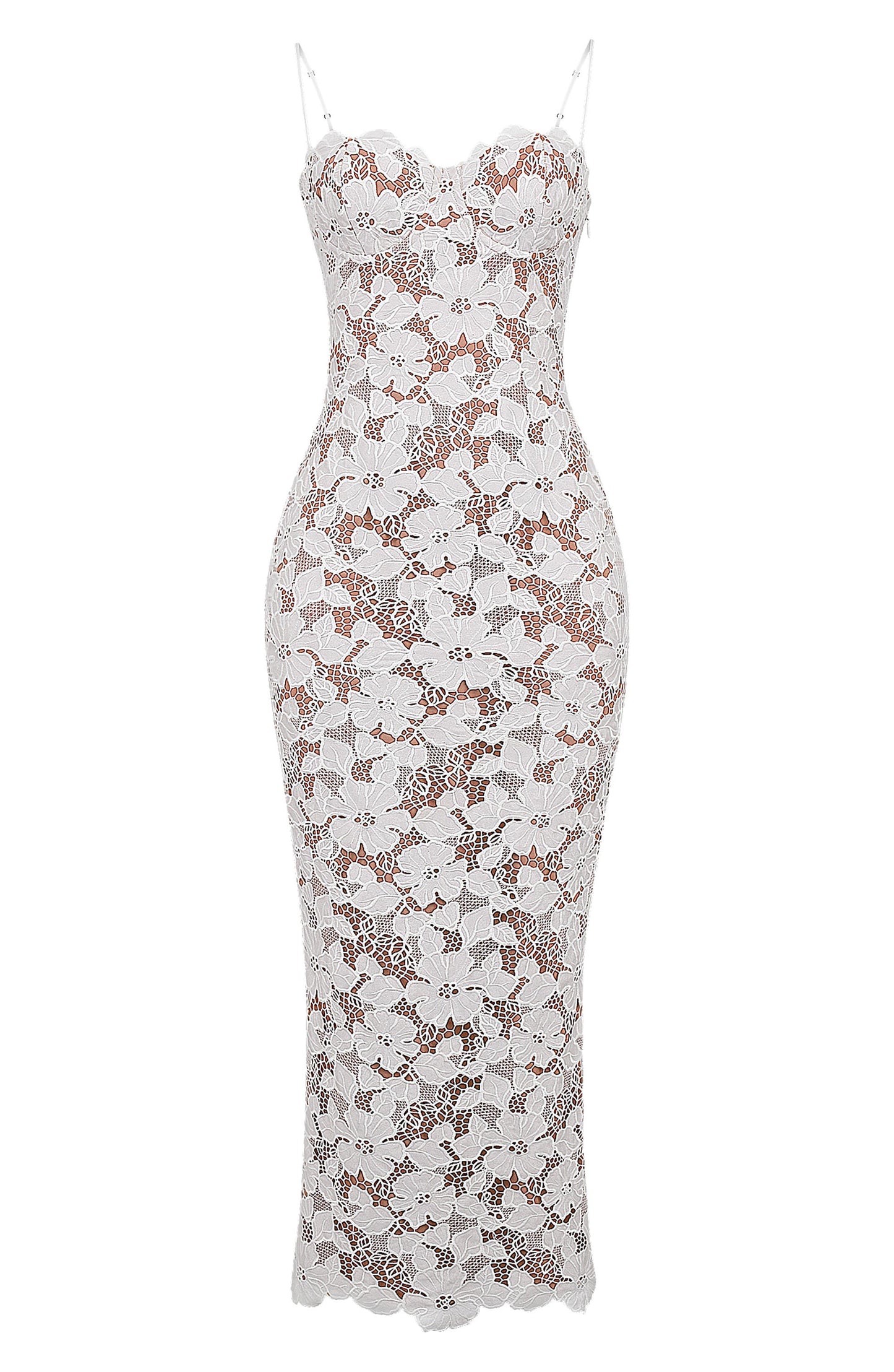Elaria™ | Damer Hvid Blonde Maxi Kjole | Transparent Bodycon Kjole med Blomstermønster og Spaghettistropper