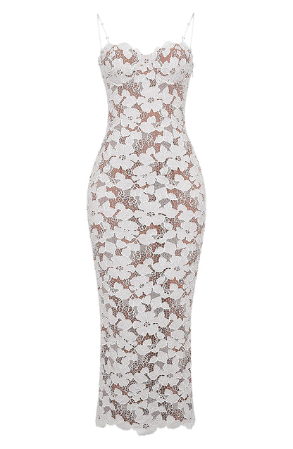 Elaria™ | Damer Hvid Blonde Maxi Kjole | Transparent Bodycon Kjole med Blomstermønster og Spaghettistropper