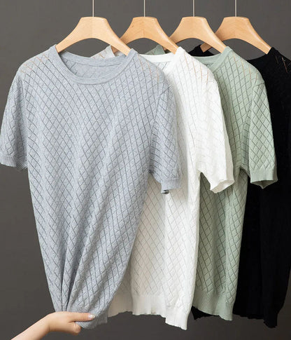 Ernesto™ | Herre Strikket Sommer T-shirt med Rudemønster og Åndbart Design | Luftig T-shirt
