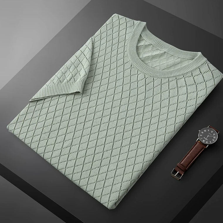 Ernesto™ | Herre Strikket Sommer T-shirt med Rudemønster og Åndbart Design | Luftig T-shirt