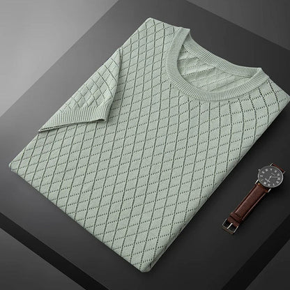 Ernesto™ | Herre Strikket Sommer T-shirt med Rudemønster og Åndbart Design | Luftig T-shirt