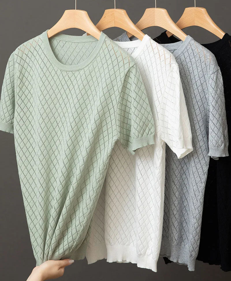 Ernesto™ | Herre Strikket Sommer T-shirt med Rudemønster og Åndbart Design | Luftig T-shirt