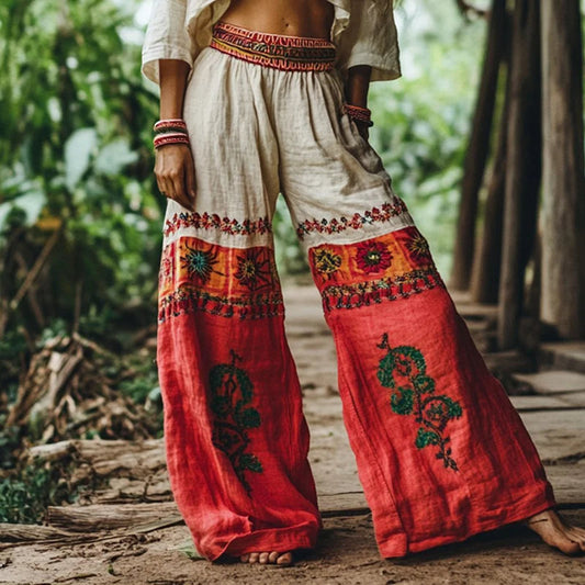 Solena™ | Boho Hørbukser med Vide Ben og Broderi | Luftige Sommerbukser med Spirituelt eller Blomstret Print