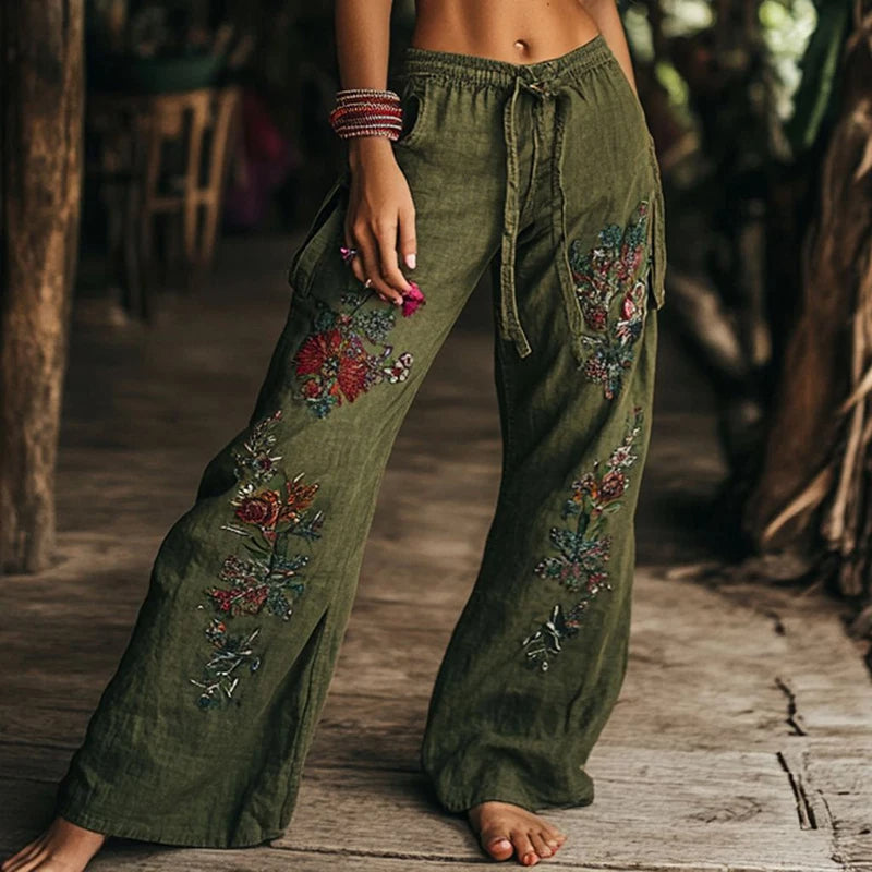 Solena™ | Boho Hørbukser med Vide Ben og Broderi | Luftige Sommerbukser med Spirituelt eller Blomstret Print