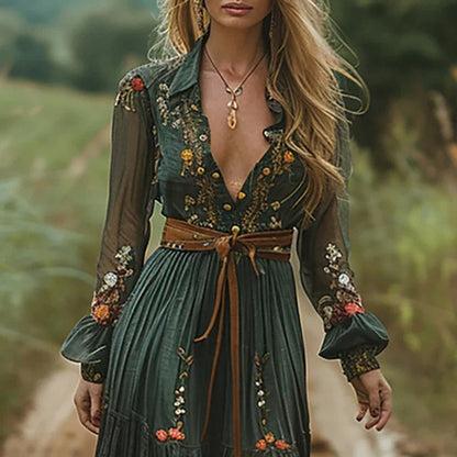 Soraya™ | Boheme Maxi Kjole med Broderi, Gennemsigtige Ærmer og Vintage Bælte | Romantisk Efterårskjole i Jordfarver